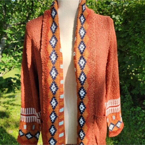 Size L Bohemian Knit Long Sweater Duster fringed Cardigan Brick Red With Pockets - Picture 6 of 16